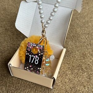 178,New Pearl Beaded Keychain with Yellow Pom Pom and Bling Bear